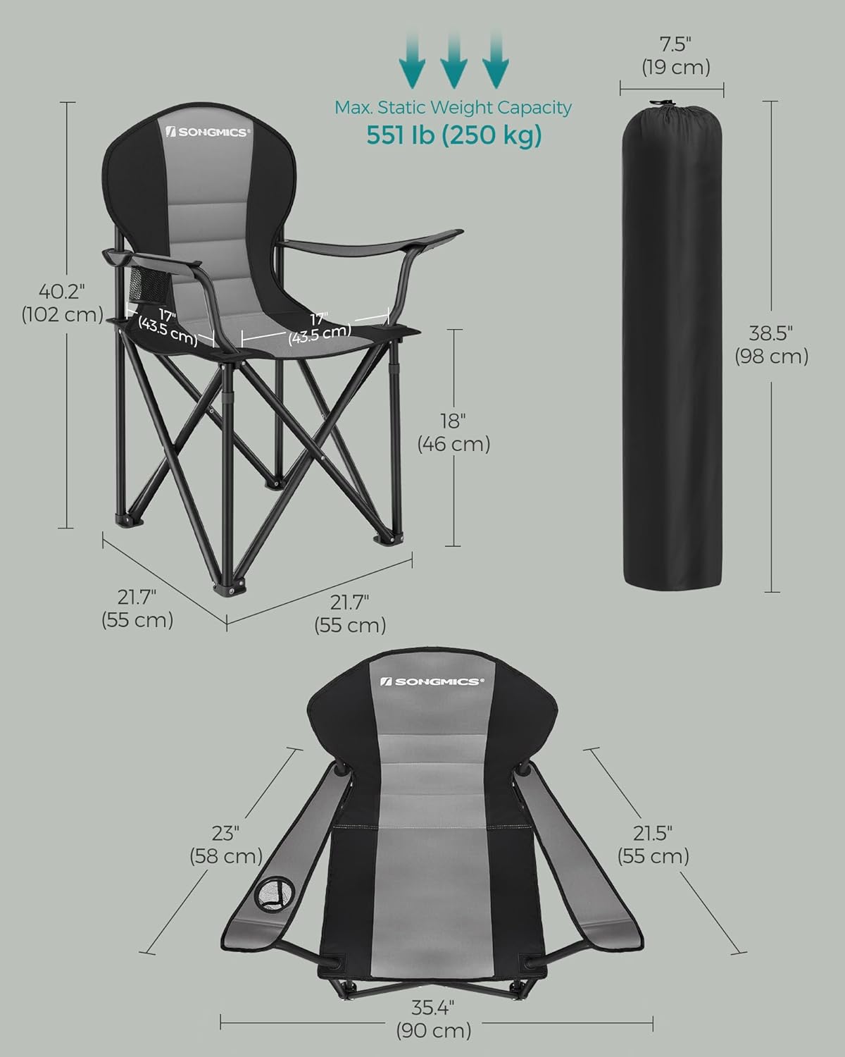 SONGMICS Folding Camping Chair, with Comfortable Sponge Seat, Cup Holder, Heavy Duty Structure, Max Load Capacity 551 lb, Outdoor Picnic Chair, Gray and Black UGCB006G01