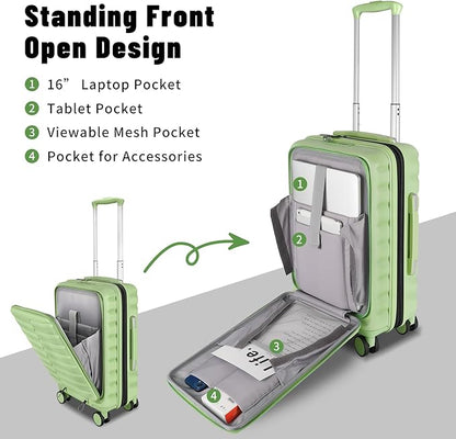 22×14×9 Airline Approved Carry On Luggage with Front Open Pocket, Spinner Wheels, ABS+PC Hardshell Small 20inch Suitcase with Protective Cover and Luggage Tag, Avocado Green