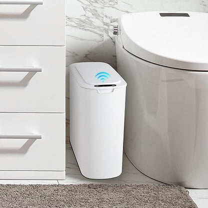 Cesun Automatic Motion Sensor Bathroom Trash Can with Lid, 2.6 Gallon Touchless Trash Bin, Smart Plastic Slim Garbage Can Small White Wastebasket for Toilet, Office, rv, Bedroom, Living Room