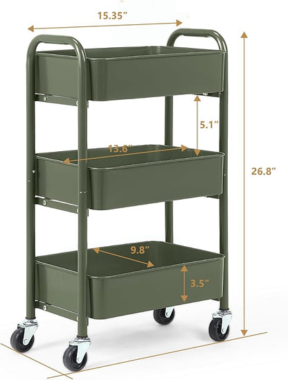 SunnyPoint 3-Tier Delicate Compact Rolling Metal Storage Organizer - Mobile Utility Cart Kitchen/Under Desk Cart with Caster Wheels - Army (15.35" X 10.24" X 26.8"H)