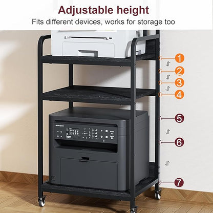4 Tier Printer Stand with Storage Shelf, Large Tall Printer Table for Home Office, Mobile Printer Cart with Industrial Wheels for Paper Shredder Scanner Fax Heat Press Small Space Organization (Black)