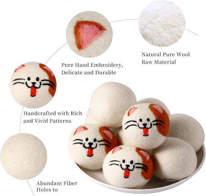 Wool Dryer Balls XL, Cute Cat Face Shape Handmade Dryer Balls Laundry Reusable, Fabric Softener Ball, Shorten Drying Time, Organic Wool - Dry 1000+ Loads(3 Pack Cat Shape)