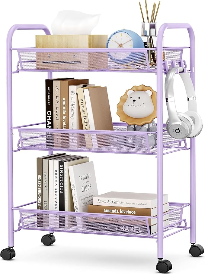TOOLF 3-Tier Metal Rolling Cart, Mesh Wire Easy Assemble Utility Cart, Storage Trolley on Wheels with 3 Hooks, MetalStorage Shelving Units for Kitchen Bathroom Laundry Room