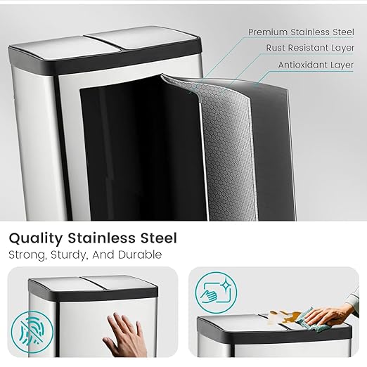 60 Liter (2x30L) 16 Gallon Dual Trash Can, Recycle Bins for Kitchen with 2 Compartments, Trash and Recycle Bin Combo, Soft Close Lid, Stainless Steel Trash Can