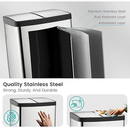 60 Liter (2x30L) 16 Gallon Dual Trash Can, Recycle Bins for Kitchen with 2 Compartments, Trash and Recycle Bin Combo, Soft Close Lid, Stainless Steel Trash Can