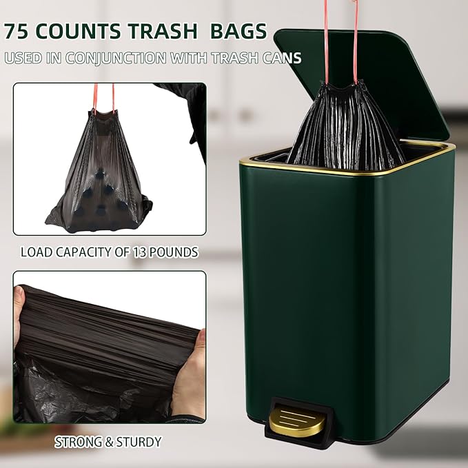 Small Bathroom Trash Can with Lid Soft Close, 1.8 Gallon Stainless Steel Garbage Can with Removable Inner Bucket,3PCS Soap Dispenser,75Count Trash Bag, Slim Step Pedal Trash Bins