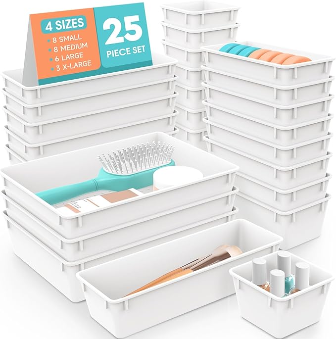 WOWBOX 25 PCS Plastic Drawer Organizer Set, 4 Sizes Desk Drawer Divider Organizers and Storage Bins for Makeup, Jewelry, Gadgets for Kitchen, Bedroom, Bathroom, Office, White