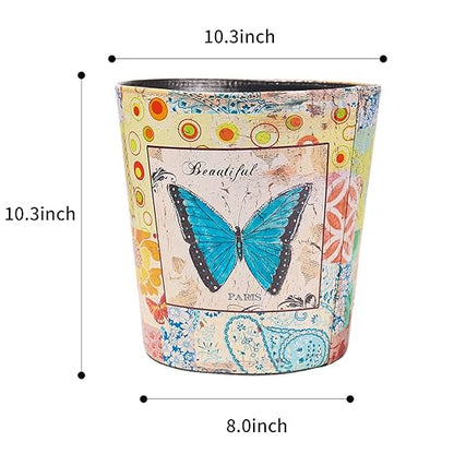 PU Leather Small Trash Can Wastebasket, Round Garbage Container Basket for Bathrooms, Laundry Room, Kitchens, Offices, Kids Rooms, Bedrooms,Dorms,Home Decorative Art Bin, 2.9 Gallon(Blue Butterfly)