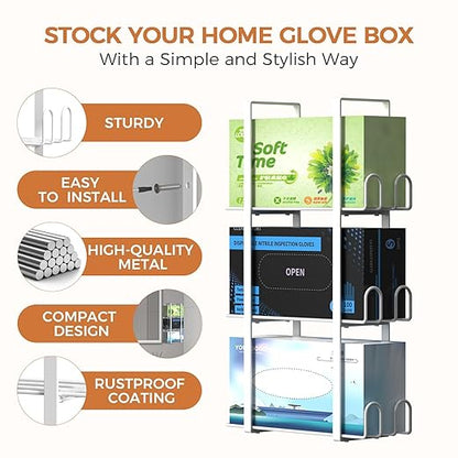 Glove Holder Dispenser for Wall Mount, White Metal Disposable Latex Gloves Holder for Lab, Wall-Mounted Rubber Box Holder, Tissue Rack for Kitchen and Garage