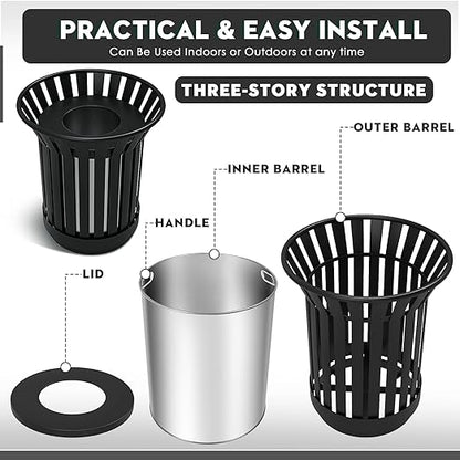 17Gallon Round Large Outdoor Trash Can, Heavy Duty Metal Slatted Garbage Can Outdoor, All Weather Resistant Commercial Garbage Cans, Waste Receptacle in Park, School, Beach, Patio (Black, Large)