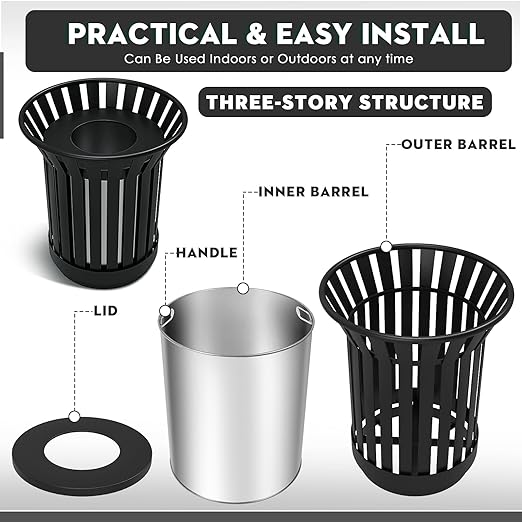 25.2IN Large Round Large Outdoor Trash Can, Heavy Duty Metal Slatted Garbage Can Outdoor, All Weather Resistant Commercial Garbage Cans, Waste Receptacle in Park, School, Beach, Patio Black