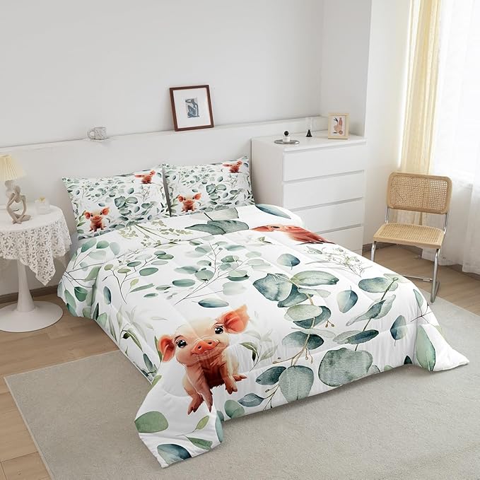 Erosebridal Kawaii Pig Queen Comforter Set for Boys Girls Cartoon Animal Bedding Set Queen, Eucalyptus Leaves Bedding Comforter Sets Farm Wildlife Duvet Set, Tropical Plants Quilted Comforter