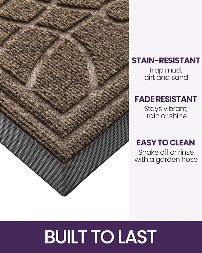 DEXI Front Door Mat Outside Entrance, Heavy Duty Non Slip Low Profile Doormat for Entryway, Trap Dirt and Moisture Welcome Mats, Easy Clean, Patio, Garage, 4x2, Brown