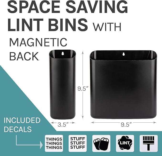 JS Jackson Supplies Black Lint Bin with Magnetic Back (Set of 2), Large and Small Space Saving Trash Bins and Organizers for Laundry Room and Kitchen, Wall Mountable