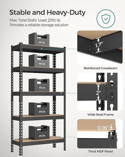 SONGMICS 5-Tier Storage Shelves, Load 2310 lb, Set of 2 Garage Storage, Boltless Assembly, Adjustable Shelving Unit, 11.8 x 29.5 x 59.1 Inches, for Study Shed Basement, Black UGLR300B02
