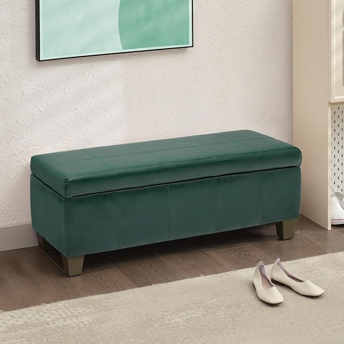 Green Faux Leather Ottoman with Storage, Rectangular Extra Long Storage Bench for Bedroom and Living Room