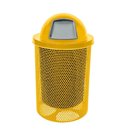 COATEDOUTDOORFURNITURE Coated Outdoor Furniture 32-Gallon Heavy-Duty Punched Steel Round Trash Receptacle, Commercial Outdoor Waste Bin with Liner & Dome Lid – Made in America (Textured Yellow)