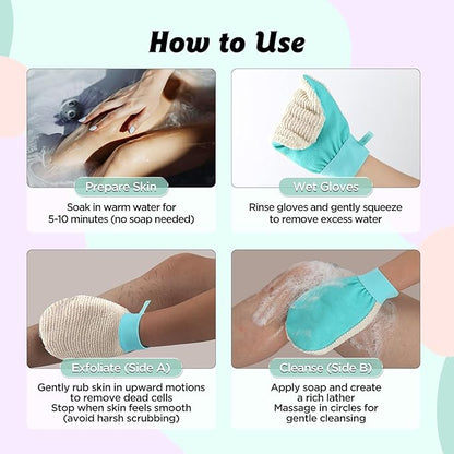 LOTTA Dual-Sided Exfoliating Gloves - Natural Viscose & Sisal for Deep Body Scrub & Massage - Gentle for Sensitive Skin - Replaces Loofah (Green-Soft)