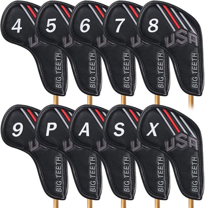 Big Teeth Golf Cover USA Stripe and Star Headcover Covers, Driver Fairway Wood Hybrid Headcovers Fits Blade Mallet Putter Iron and Woods with Magnetic Club Protector Pu Leather Golf Accessories