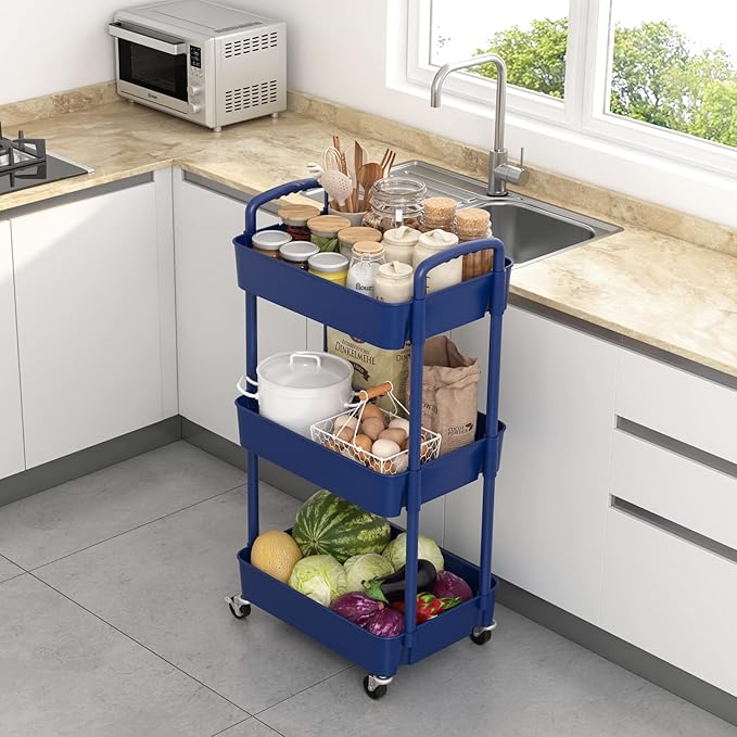 Sywhitta 3-Tier Plastic Rolling Utility Cart with Handle, Multi-Functional Storage Trolley for Office, Living Room, Kitchen, Movable Storage Organizer with Wheels, Blue