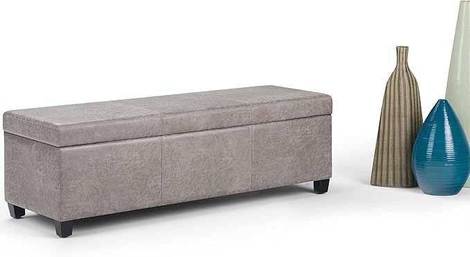 SIMPLIHOME Avalon 48 inch Wide Contemporary Rectangle Storage Ottoman Bench in Distressed Grey Taupe Vegan Faux Leather, Assembled, for the Living Room, Entryway and Family Room