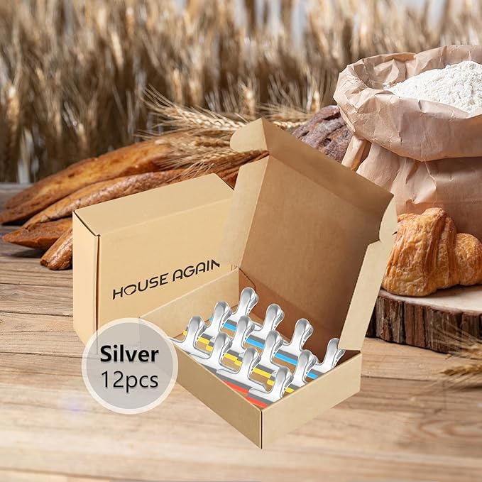 HOUSE AGAIN 12 Small Pack Stainless Steel Chip Bag Clips Covered with Silicone - NO More Sharp Edges - Color Coded for Food Bags - Air Tight Seal, Heavy Duty for Kitchen and Office, 2.5 Inches
