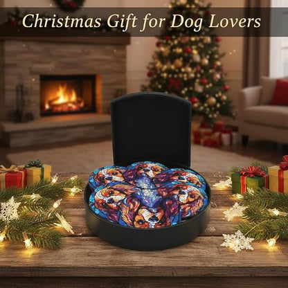King Charles Cavalier Stained Dog Breed Glass Art Leather Drinks Coasters