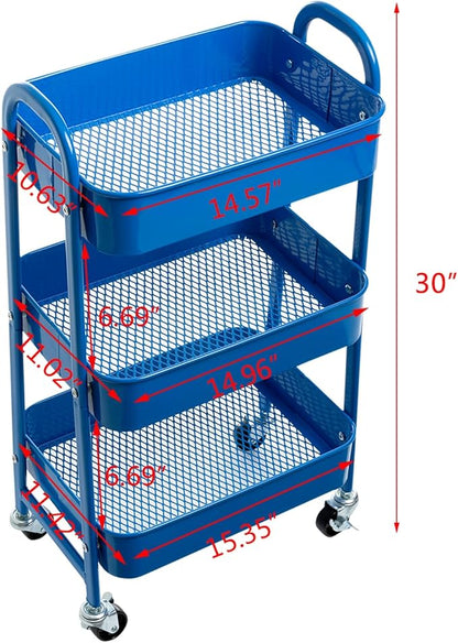 AGTEK Makeup Cart, Movable Rolling Organizer Cart,3 Tier Metal Utility Cart, Aristocratic Blue