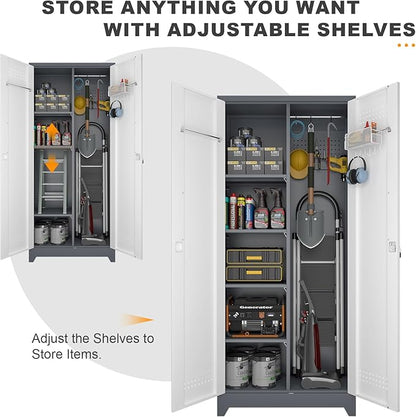 Broom Storage Cabinet, Metal Cabinet with Shelves and Hanging Rod, 72.8" Utility Cabinets with Locking Door, Tall Cleaning Storage for Kitchen, Pantry, Office, Shop, Garage