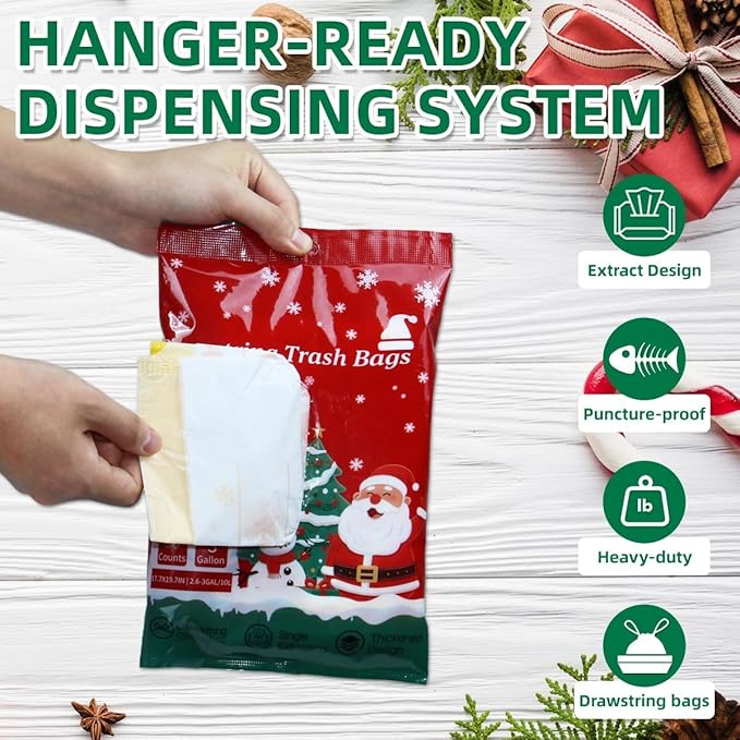 XUXRUS Small Christmas Trash Bags, 3 Gallon Christmas Garbage Bags 50 Count, Holiday Trash Bags, Festive Gold Printed Drawstring Garbage Bags for Kitchen & Bathroom, Holiday Supplies