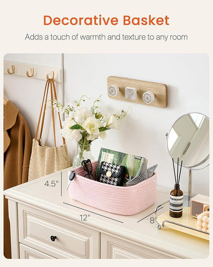 Small Woven Basket, 12 x 8 x 4.5 Inches, Storage Basket for Organizing, Cute Small Rope Shelf Closet Cube Storage Bins Baskets for Shelves, Dog Toy Gift Baskets Empty, 3 Pack Light Pink