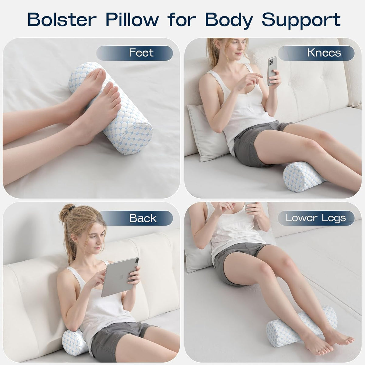 Neck Roll Pillow for Neck Pain Relief - Memory Foam Neck Support Pillow for Bed | Round Neck Pillow for Sleeping, 16 * 6.3 * 6.3inch (Cool-Blue)