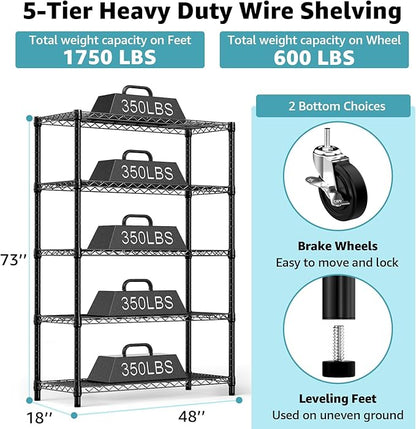 5-Shelf Storage Shelves,Wire Shelving Heavy Duty Metal Storage Shelving Unit Adjustable Garage Shelving Rack Pantry Kitchen (Black, 5 Tier,17.7" D x 47.2" W x 76.7" H)