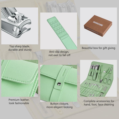 Manicure Set Professional Nail Clippers Pedicure Kit, 16 pcs Stainless Steel Nail Care Tools Grooming Kit with Luxurious Travel Leather Case for Thick Nails Men Women Gift (Green)