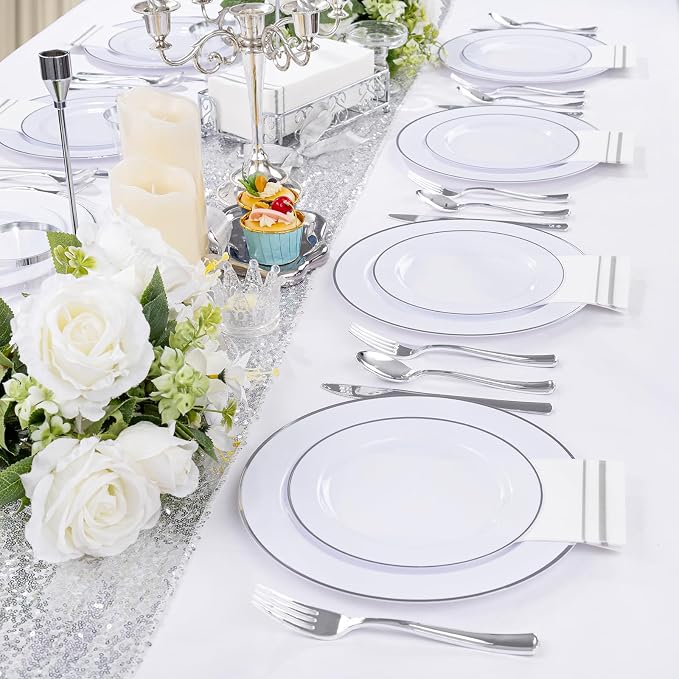 SUT 350 Piece Silver and White Plastic Dinnerware Set