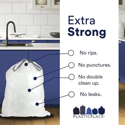 Plasticplace Custom Fit Trash Bags, Compatible with simplehuman Code G (100 Count) White Drawstring Garbage Liners 8 Gallon / 30 Liters, 17.5" x 28"