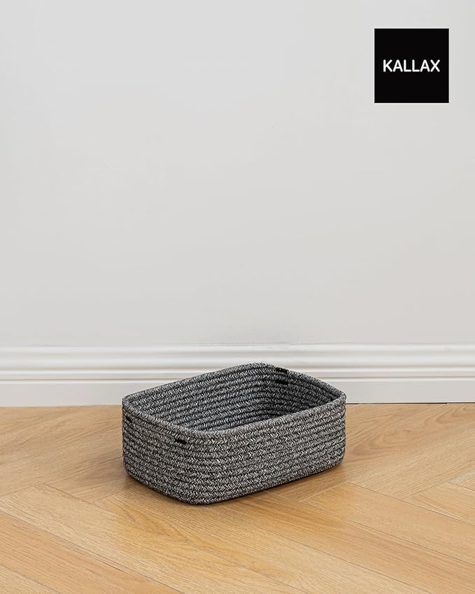 Small Woven Basket, 12 x 8 x 4.5 Inches, Storage Basket for Organizing, Cute Small Rope Shelf Closet Cube Storage Bins Baskets for Shelves, Dog Toy Gift Baskets Empty, 3 Pack Mixed Black