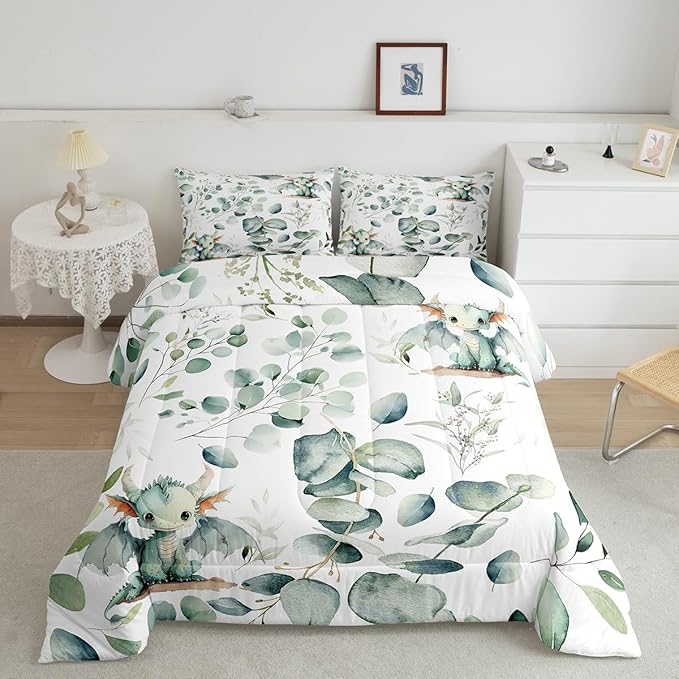 Erosebridal Boys Magic Animal Twin Bedding Sets Cute Dragon Comforter Set, Cartoon Wildlife Bedding Comforter Sets Green Leaf Duvet Insert, Spring Garden Plant Down Comforter Child Kids Bedroom Decor