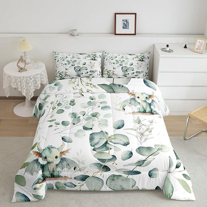 Erosebridal Boys Magic Animal Full Size Comforter Set Cute Dragon Bedding Set, Cartoon Wildlife Down Comforter Green Leaf Bed Set, Spring Garden Plant Quilted Duvet Child Kids Bedroom Decor