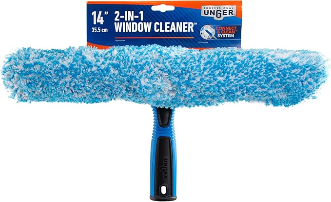 Unger Professional Connect and Clean 2-in-1 Squeegee and Scrubber, 14” Window Cleaning Tool, Essential Glass Cleaner for Commercial and Residential Use, Reusable Microfiber Sleeve, Streak-Free Results