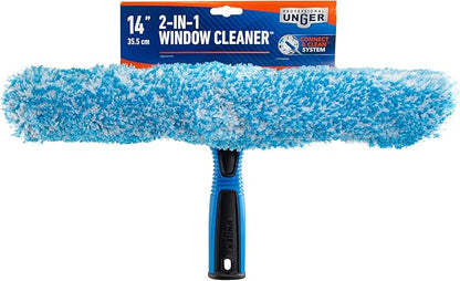 Unger Professional Connect and Clean 2-in-1 Squeegee and Scrubber, 14” Window Cleaning Tool, Essential Glass Cleaner for Commercial and Residential Use, Reusable Microfiber Sleeve, Streak-Free Results