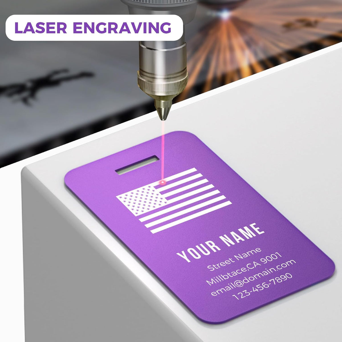 Personalized Luggage Tags, Custom Luggage Tags 4 Pack TSA Approved Double Sided Laser Engraving, Metal Luggage Tag for Suitcases with Stainless Loops, Name Tag for Bags, Backpacks (Purple)