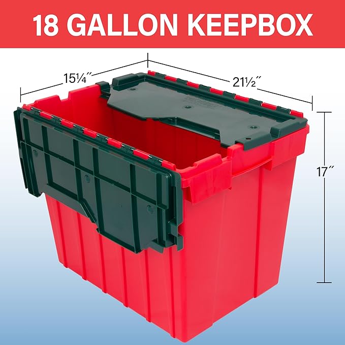 Akro-Mils KeepBox 18 Gallon Storage Container, Nesting and Stackable Plastic Storage Box with Lid Attached, Clear Tote for Garages, Closets, and Moving, 21" x 15" x 17", Red/Green