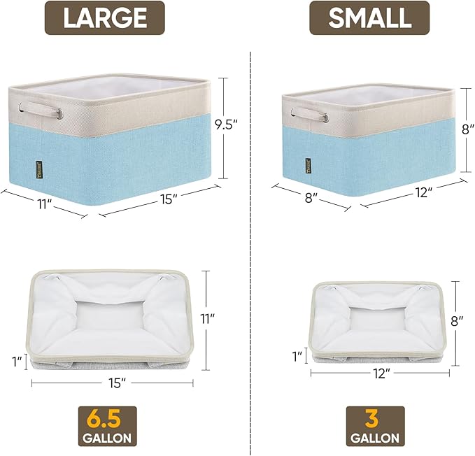 BALEINE 3 Pack Fabric Storage Bins for Shelves, Linen Storage Baskets for Organizing, Decorative Closet Bins for Clothes, Home (Skyblue, 15''x11''x9.5'')