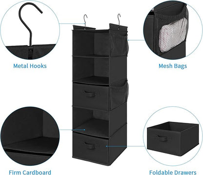MAX Houser 5 Tier Shelf Hanging Closet Organizer, Cloth Hanging Shelf with 2 Sturdy Hooks for Storage, Foldable (Black-D2)