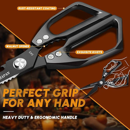 HUUSK Kitchen Scissors Set Black - Stainless Steel Kitchen Shears, Sharp Meat Scissors Dishwasher Safe, Heavy Duty Poultry Shears All Purpose, Japanese Cooking Scissor for Food,Christmas Gifts for Men