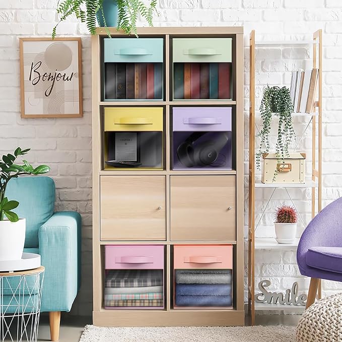 Sorbus 11 Inch Storage Bins with Clear Window - 6 Foldable Baskets for Organizing Clothes, Toys, Books - Sturdy Collapsible Fabric Storage Cubes with Handle - Storage Baskets for Shelves, Closets