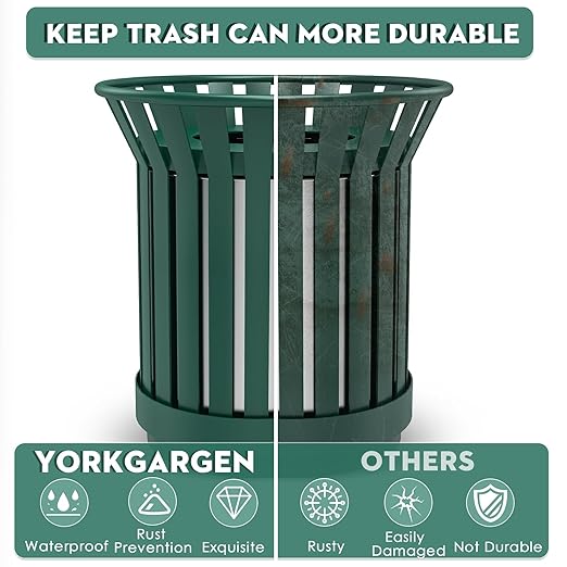 8Gallon/30L Commercial Outdoor & Indoor Metal Trash Can, Outdoor Slatted Trash Receptacle with Metal Linner, All Weather Resistant Large Outside Zone Round Garbage Bin for Street, Park, School - Green