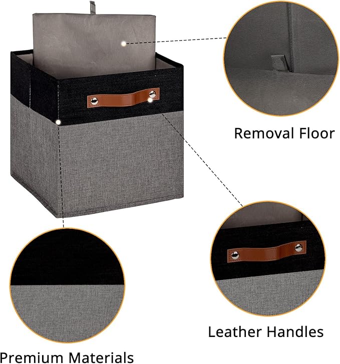 HNZIGE Storage Baskets for Organizing, Set of 4, Square Fabric Storage Cubes Bins 13 x 13, Collapsible Black Storage Bins for Shelves, Closets, Nursery, Home, Office (Black&Grey)
