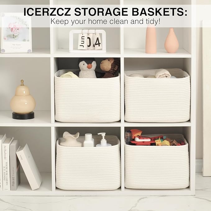 Storage Baskets for Organizing & Shelves, Woven Cotton Rope Organization Bins for Dog Toys, Clothes, Books, Nursery Organizer, 15" Lx11''Wx9.5''H, (4 Packs) Off White